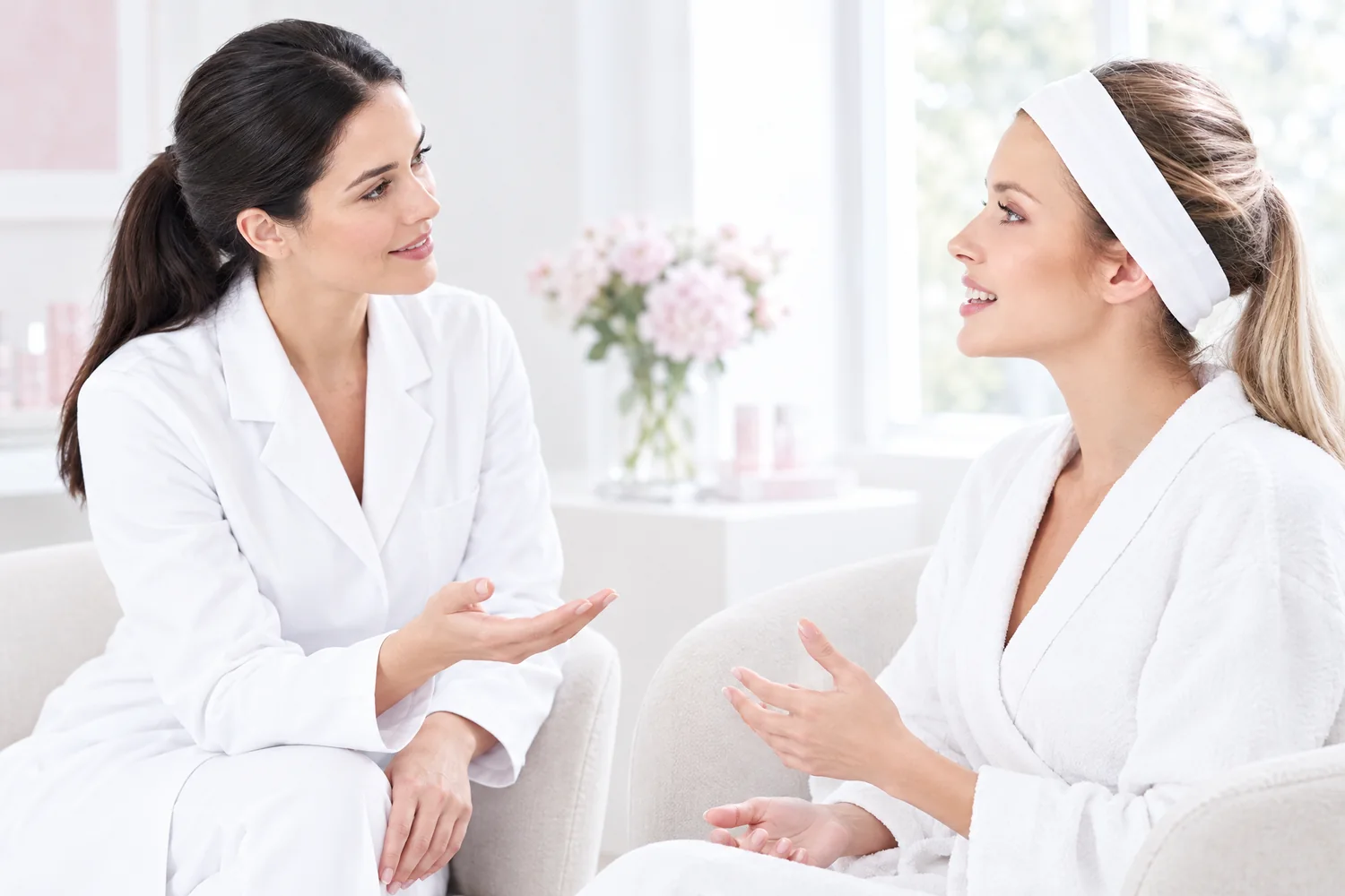Ehrliches Beratungsgespräch: Behandlerin und Kundin sitzen sich in hellen Sesseln gegenüber und sprechen offen