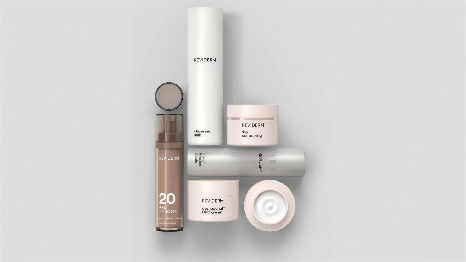 REVIDERM Pflegeprodukte für zu Hause: Cleansing Milk, Day Contouring, Hydro Infusion Cream, Pycnogenol OPC Cream und Daily Sun Screen