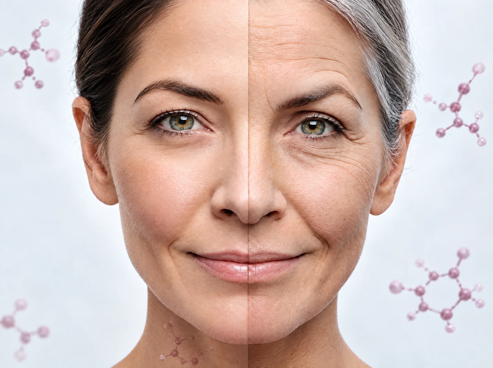 Gesicht einer Frau, links jünger und rechts älter, umgeben von feinen Molekülmodellen
