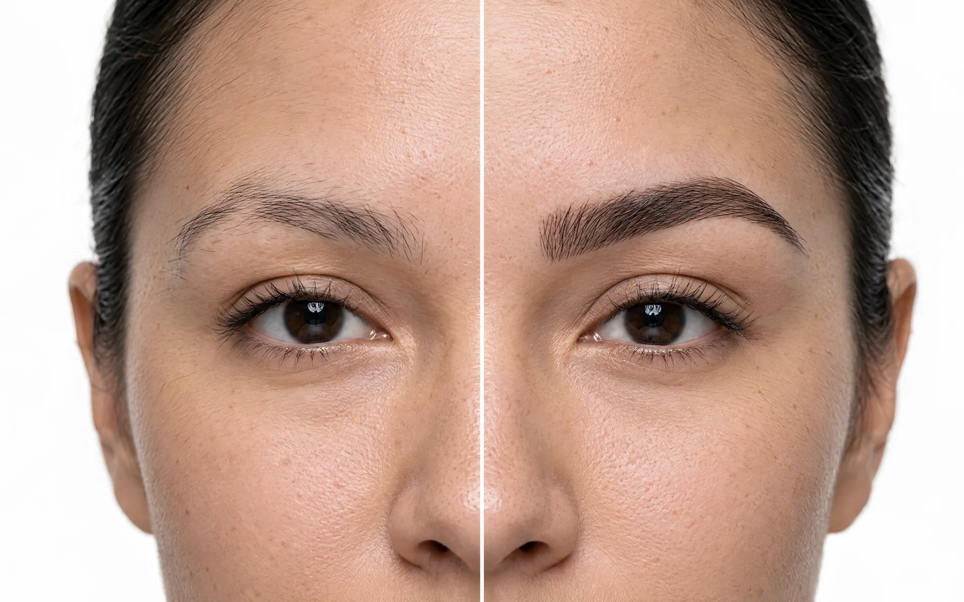 Vorher und nachher: links lichte, natürliche Augenbrauen, rechts dichtere Brauen nach dem Microblading